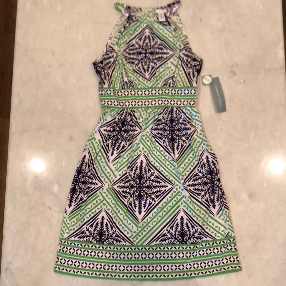 Navy/Green/White Pattern Dress, Size 4
